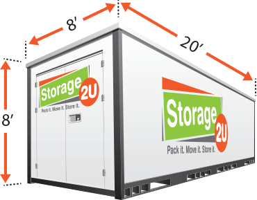 A picture of a storage 2u branded storage container thats 8 feet wide and tall and 20 feet long