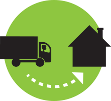 A truck and house icon with an arrow from the truck to the house