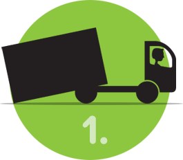 An icon of a storage unit being removed from it's truck with a driver with the number 1